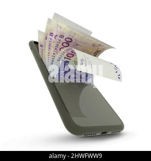 10000 l'Africa occidentale CFA frecc note all'interno di un telefono cellulare isolato su sfondo bianco. 3D rendering della valuta CFA Foto Stock