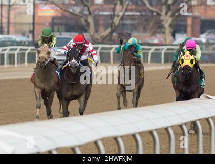 Ozone Park, NY, USA. 5th Mar 2022. 5 marzo 2022: Officiando #3, indetto dal jockey Manny Franco vince la Tom Fool handicap (grado 3) il Gotham Stakes Day all'Aqueduct Racetrack di Ozone Park, N.Y. il 5th marzo 2022. Jason Moran/Eclipse Sportswire/CSM/Alamy Live News Foto Stock