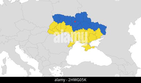 Mappa dell'Ucraina nei colori della bandiera con singole regioni e città capitale, con stati vicini, vuota Foto Stock