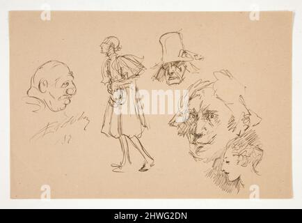 Foglio di schizzi, teste e figure. Artista: Edwin Austin Abbey, americano, 1852–1911, M.A. (HON.) 1897 Foto Stock