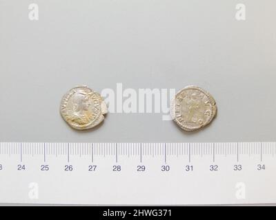 Denario di Settimio Severo, imperatore di Roma; Caracalla, imperatore romano da Roma. Regnante: Settimio Severo, Imperatore di Roma, 146-211, regnò 193-211Ruler: Caracalla, Imperatore Romano, A.D. 188–217, regnò A.D. 198–217 Mint: Roma Artist: Unknown Honorand: Fulvia Plautilla, imperatrice di Roma, ca. 185–211, regolato 202–211 Foto Stock