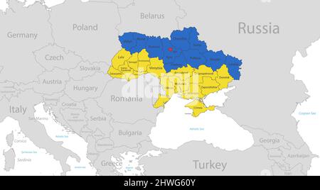 Mappa dell'Ucraina nei colori della bandiera con singole regioni e città capitale, con stati vicini con vettore nomi Illustrazione Vettoriale