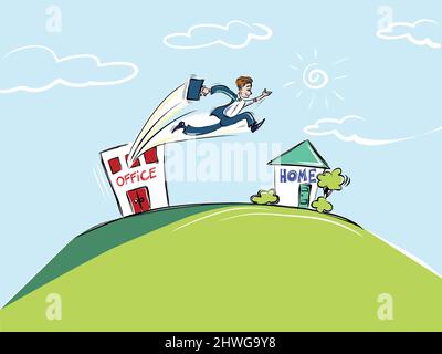 Lavorare da casa è molto comune ora. Questo cartone animato mostra un uomo in un vestito con una valigetta, saltando da un edificio di uffici a casa con alberi. Foto Stock