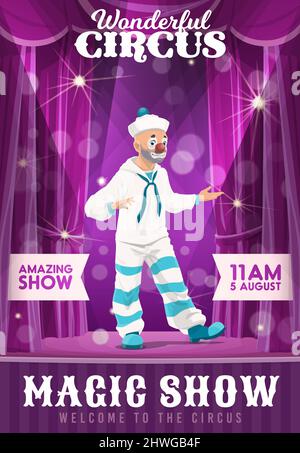 Poster del circo di Shapito con cartoon marinaio sul palco, spettacolo magico vettoriale di carnevale funfair. Benvenuti al poster del circo per biglietteria o banner web. Illustrazione Vettoriale