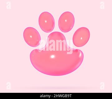 Paw 3D stampa in stile cartoon soft pop. Concetto visivo del servizio di cura del corpo. Elementi vettoriali di rendering realistici per la progettazione di cura di animali domestici e veterinari. Illustrazione Vettoriale