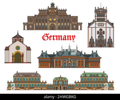 Germania architettura vettore edifici di Dresda e Treviri viaggio punti di riferimento. Basilica tedesca o Chiesa di San Mathias, Castello di Pillnitz Schloss e Zwinger Illustrazione Vettoriale