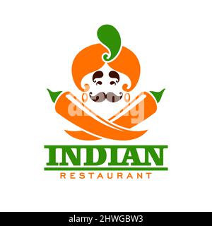 Ristorante indiano icona con indù e peperoni, vettoriale India cucina cibo e emblema cucina. Cucina indiana Maharajah in turban con peperoncini piccanti, GU Illustrazione Vettoriale
