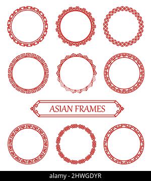Cornici asiatiche rosse rotonde, decorazioni giapponesi, coreane e cinesi. Bordi del nodo del cerchio vettoriale, cornici fotografiche con ornamenti o motivi asiatici tradizionali. Set di decor vintage con grafica orientale Illustrazione Vettoriale