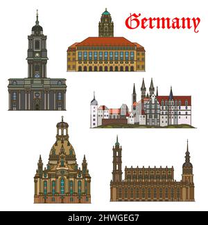 Germania edifici e monumenti architettonici di Dresda, cattedrali vettoriali e chiese. Tedesco Dresda Kreuzkirche o Santa Croce Chiesa, Frauenkirche, Cattedrale dom e Castello di Albrechtsberg Schloss Illustrazione Vettoriale