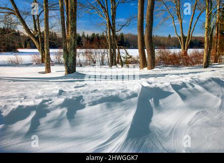 La neve si snoda lungo la riva del lago Brady, nelle Pocono Mountains della Pennsylvania. Foto Stock