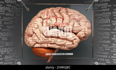 Anatomia del disturbo della comunicazione sociale - le sue cause e gli effetti proiettati su un cervello umano rivelando la complessità e il relat del disturbo della comunicazione sociale Foto Stock