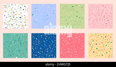 Set raccolta di coloratissimi disegni veneziani del terrazzo senza giunture frammenti di pietra modello. Pavimento moderno minimalista alla moda piastrelle astratto sfondo vec Illustrazione Vettoriale