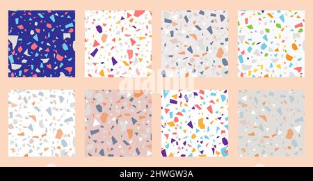 Set raccolta di coloratissimi disegni veneziani del terrazzo senza giunture frammenti di pietra modello. Pavimento moderno minimalista alla moda piastrelle astratto sfondo vec Illustrazione Vettoriale