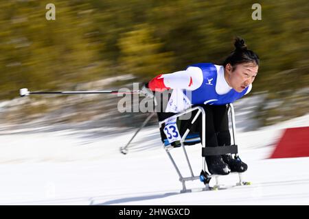 Zhangjiakou, la provincia cinese di Hebei. 6th Mar 2022. Li Panpan della Cina compete durante la Para Cross-Country Sci Donne a lunga distanza seduta di Pechino 2022 Paralimpiadi invernali al National Biathlon Centre in Zhangjiakou, nella provincia di Hebei della Cina settentrionale, 6 marzo 2022. Credit: Xue Yuge/Xinhua/Alamy Live News Foto Stock