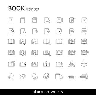 Set di icone semplici lineari piatte per libri. Gruppo di pittogrammi per la lettura, lo studio, l'informazione, il concetto educativo. Illustrazione della linea vettoriale isolata su Illustrazione Vettoriale