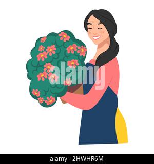 Donna fiorista che tiene una pentola con un fiore fiorito lussureggiante. Illustrazione vettoriale Illustrazione Vettoriale