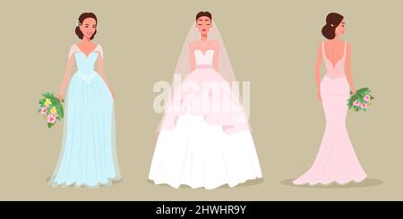 Set di spose in abiti e acconciature bellissimi con mazzi nelle loro mani. Illustrazione vettoriale di stile piatto, cartoni animati Illustrazione Vettoriale