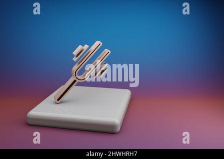 Meravigliosa diapason che vibra. Splendide icone di simboli musicali su un supporto in ceramica e sfondo luminoso. 3d illustrazione del rendering. Sfondo Foto Stock