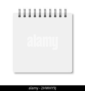 Notebook bianco realistico A6 aperto con ombre tenui. Copybook vettoriale quadrato bianco con spirale metallica argentata su sfondo bianco. Mockup di organizzazione Illustrazione Vettoriale