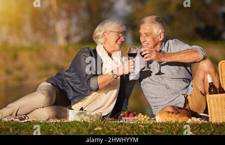 Il vero amore è senza tempo. Scatto di una coppia anziana felice godendo un picnic all'aperto. Foto Stock