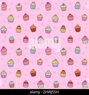 Cupcake cartoon motivo senza cuciture su sfondo rosa. Carino scarabocchi disegnati a mano, illustrazione vettoriale. Illustrazione Vettoriale