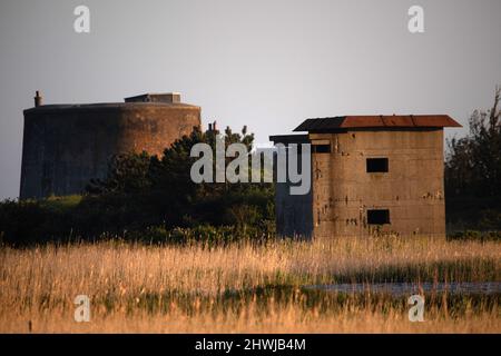 Bawdsey difese - Torre Lookout con Martello torre dietro Foto Stock