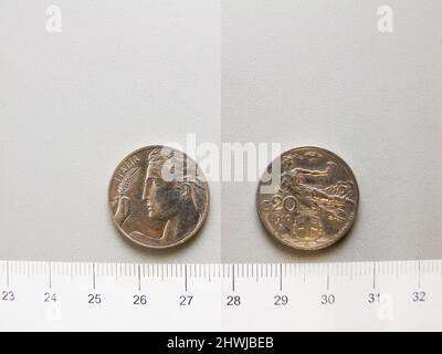 20 Centesimi di Vittorio Emanuele III, re d'Italia da Roma. Regnante: Vittorio Emanuele III, re d'Italia, 1869–1947, regnò 1900–1946 Mint: RomeMaker: Leonardo Bistolfi, italiano, 1859–1933Engraver: Luigi Giorgi, italiano, 1848–1912 Foto Stock