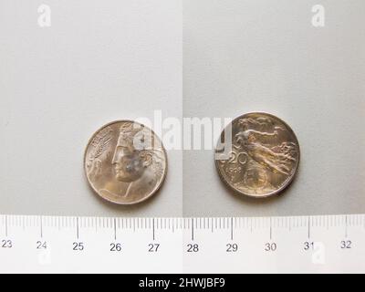 20 Centesimi di Vittorio Emanuele III, re d'Italia da Roma. Regnante: Vittorio Emanuele III, re d'Italia, 1869–1947, regnò 1900–1946 Mint: RomeMaker: Leonardo Bistolfi, italiano, 1859–1933Engraver: Luigi Giorgi, italiano, 1848–1912 Foto Stock