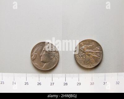 20 Centesimi di Vittorio Emanuele III, re d'Italia da Roma. Regnante: Vittorio Emanuele III, re d'Italia, 1869–1947, regnò 1900–1946 Mint: RomeMaker: Leonardo Bistolfi, italiano, 1859–1933Engraver: Luigi Giorgi, italiano, 1848–1912 Foto Stock