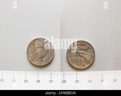 20 Centesimi di Vittorio Emanuele III, re d'Italia da Roma. Regnante: Vittorio Emanuele III, re d'Italia, 1869–1947, regnò 1900–1946 Mint: RomeMaker: Leonardo Bistolfi, italiano, 1859–1933Engraver: Luigi Giorgi, italiano, 1848–1912 Foto Stock