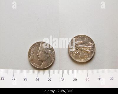 20 Centesimi di Vittorio Emanuele III, re d'Italia da Roma. Regnante: Vittorio Emanuele III, re d'Italia, 1869–1947, regnò 1900–1946 Mint: RomeMaker: Leonardo Bistolfi, italiano, 1859–1933Engraver: Luigi Giorgi, italiano, 1848–1912 Foto Stock