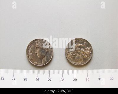 20 Centesimi di Vittorio Emanuele III, re d'Italia da Roma. Regnante: Vittorio Emanuele III, re d'Italia, 1869–1947, regnò 1900–1946 Mint: RomeMaker: Leonardo Bistolfi, italiano, 1859–1933Engraver: Luigi Giorgi, italiano, 1848–1912 Foto Stock