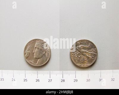 20 Centesimi di Vittorio Emanuele III, re d'Italia da Roma. Regnante: Vittorio Emanuele III, re d'Italia, 1869–1947, regnò 1900–1946 Mint: RomeMaker: Leonardo Bistolfi, italiano, 1859–1933Engraver: Luigi Giorgi, italiano, 1848–1912 Foto Stock