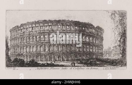 TAV. 12 Anfiteatro Flavio detto il Colosseo a Roma 1. Arco di Costantino 2. Monte Palatino (Pl. 12 Anfiteatro Flaviano chiamato Colosseo a Roma 1. Arco di Costantino 2. Collina Palatina) da Alcune vedute di archi Trionfali ed altri monumenti inalzati da Romani parte de quali se veggono in Roma e parte per l’Italia (alcune viste di archi Triumfali ed altri monumenti eretti dai Romani alcuni dei quali sono a Roma ed altri in Italia). Artista: Giovanni Battista Piranesi, italiano, 1720–1778 Foto Stock