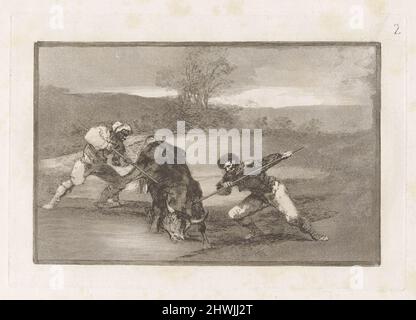 Otro modo de cazar á pie (un altro modo di cacciare a piedi), piatto 2 da la tauromaquia. Artista: Francisco Goya, spagnolo, 1746–1828 Foto Stock