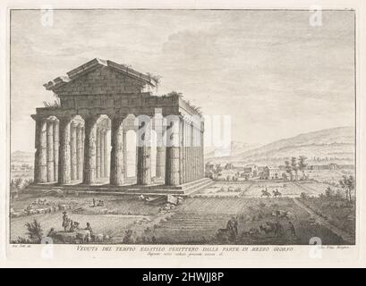 Vista del tempio di mezzo soggiorno, da Antichità di Pesto (antichità di Paestum). Artista: Filippo Morghen, italiano, 1730–dopo il 1807After: Antonio Joli, italiano, 1700–1777 Foto Stock