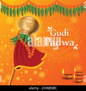 Buon Gudi Padwa Hindu Festival biglietto di auguri sfondo. Banner creativo o Poster dell'occasione celebrazione di Gudi Padwa. Lunare nuovo anno sfondo Illustrazione Vettoriale