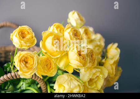 Primo piano di fiori gialli di primavera in un cestino. Foto Stock