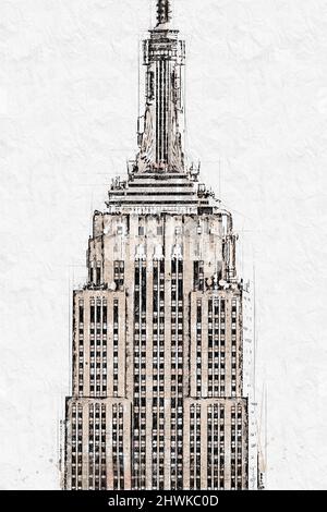 Disegno della parte superiore dell'Empire state Building su sfondo bianco Foto Stock