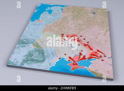 Avanzamento delle truppe russe sul suolo ucraino. Mappa della situazione di guerra in Ucraina. Posizione delle truppe russe. 3d rendering Foto Stock