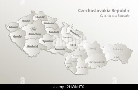 Mappa della Repubblica Ceca e Slovacchia, Repubblica Cecoslovacchia, singole regioni e città capitale con nomi, divisione amministrativa, carta da carta 3D vect naturale Illustrazione Vettoriale