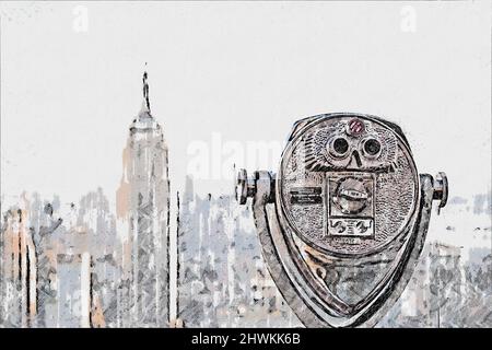 Disegno del panorama di Manhattan nella città di New York con binocoli Foto Stock