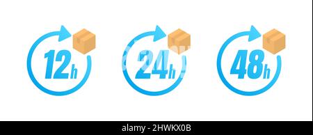 Set di icone per spedizione a vettore piatto entro 12, 24 e 48 ore Illustrazione Vettoriale