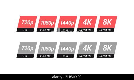 Set di etichette per display per monitor ad alta definizione, Full HD, Quad HD 4K e 8K Illustrazione Vettoriale