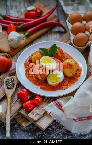 Cucina indonesiana : telur balado o uova sode in piccante sambal balado Foto Stock