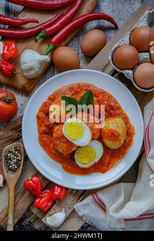 Cucina indonesiana : telur balado o uova sode in piccante sambal balado Foto Stock