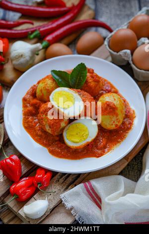 Cucina indonesiana : telur balado o uova sode in piccante sambal balado Foto Stock