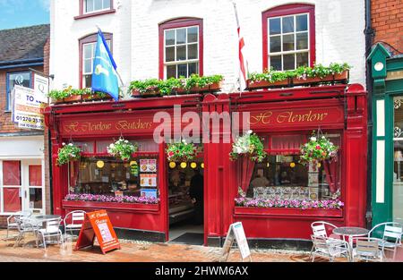 Macellerie Clewlows shop, Pepper Street, Nantwich, Cheshire, Inghilterra, Regno Unito Foto Stock