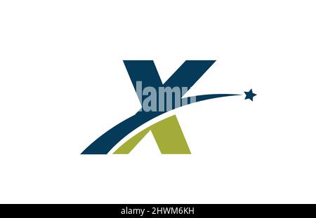 Icona del logo con lettera X blu verde e stella. Design creativo per aziende o aziende con swoosh Illustrazione Vettoriale
