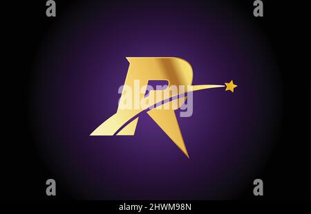 icona del logo dell'alfabeto oro oro R con stella. Design creativo per azienda o affari con swoosh Illustrazione Vettoriale